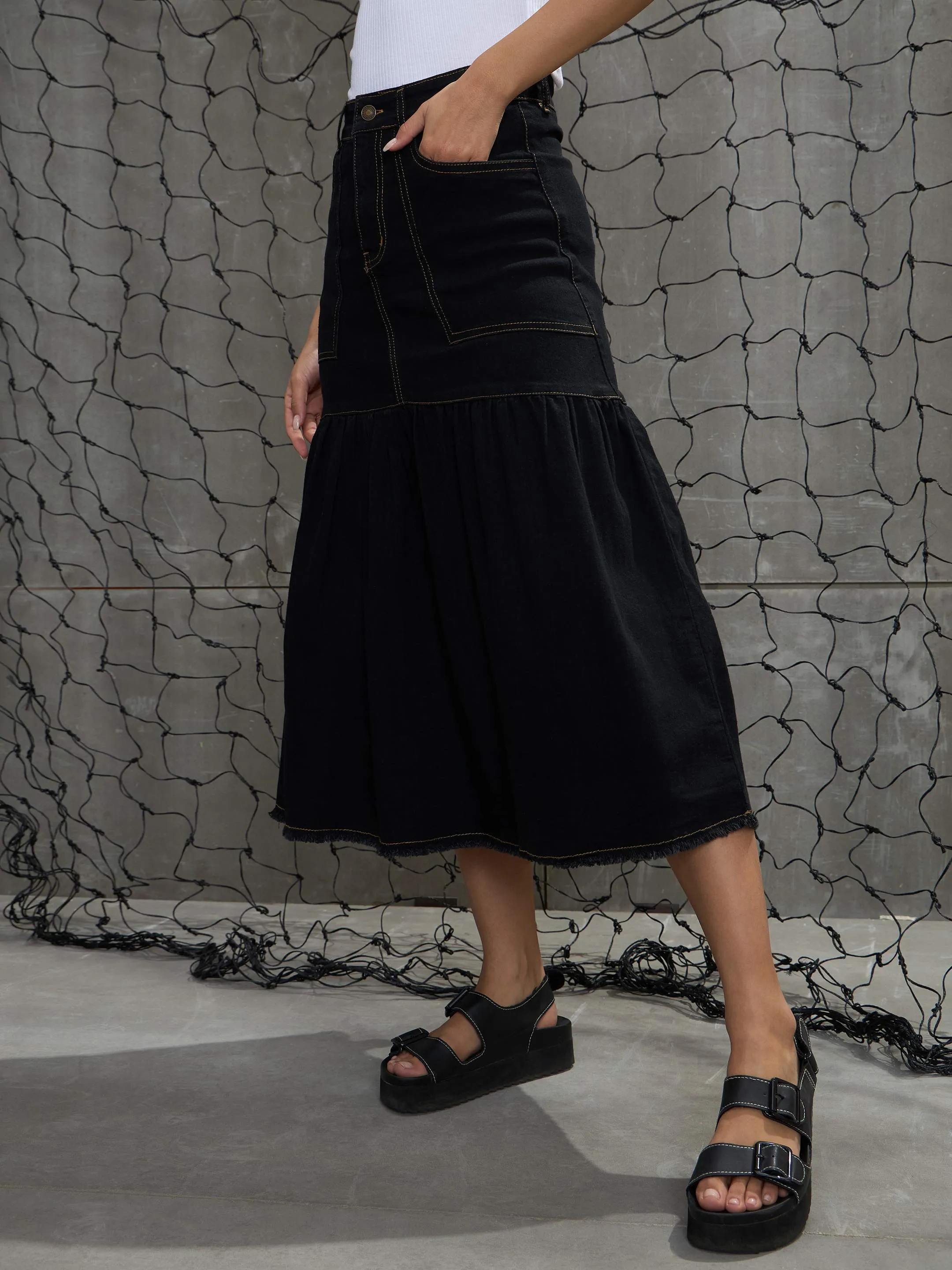 Women Black Denim Flared Midi Skirt