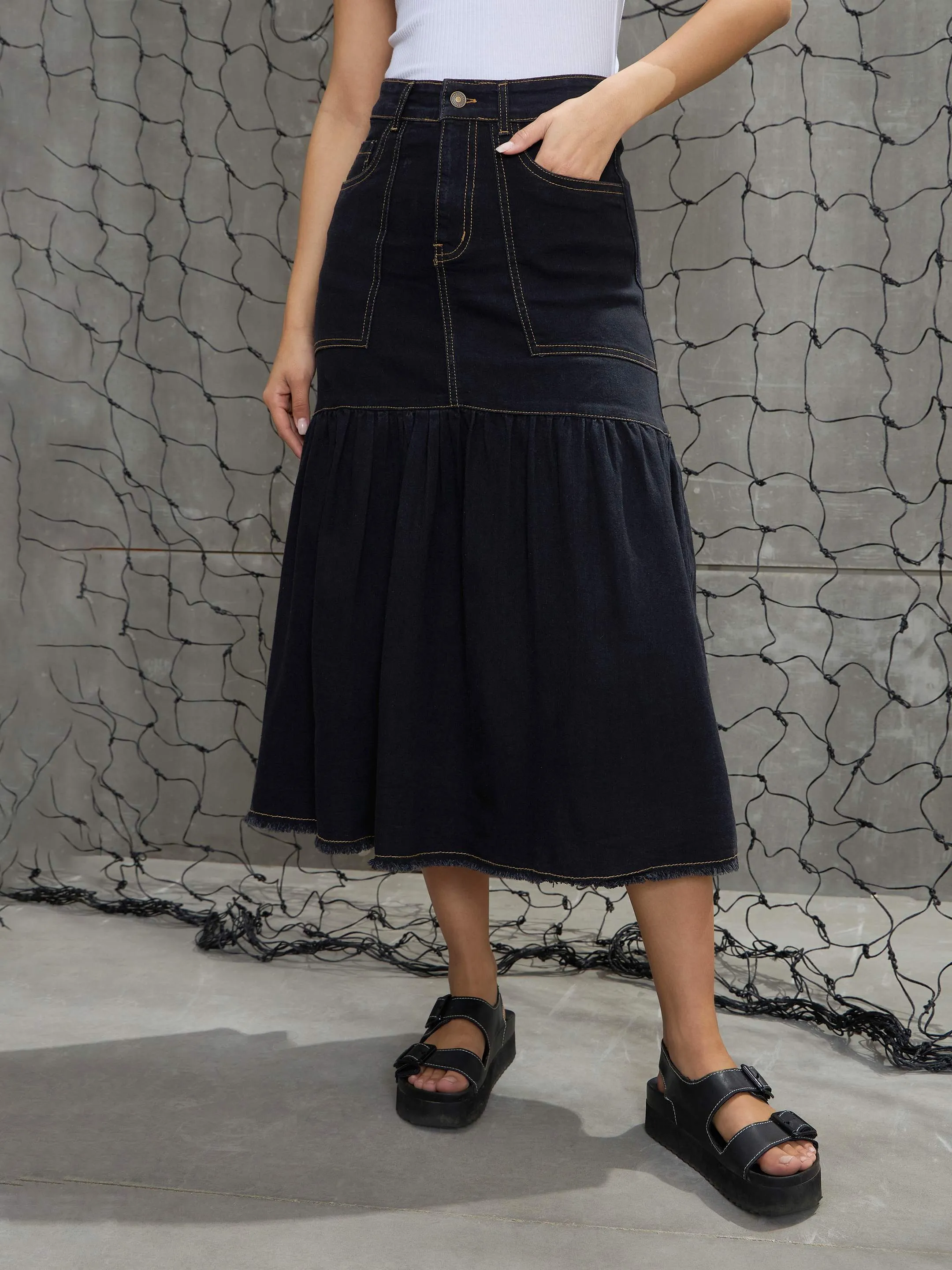 Women Black Denim Flared Midi Skirt