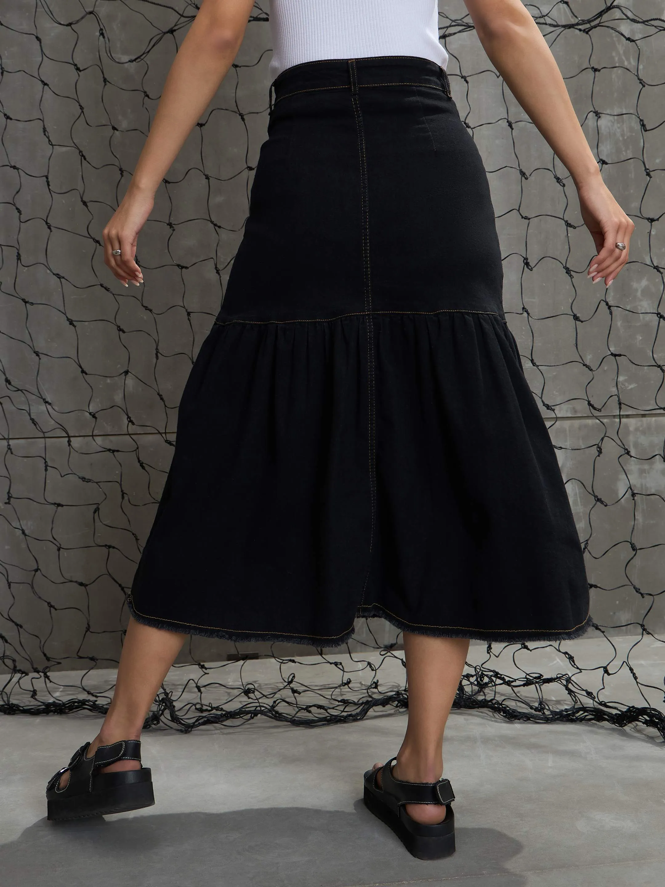 Women Black Denim Flared Midi Skirt