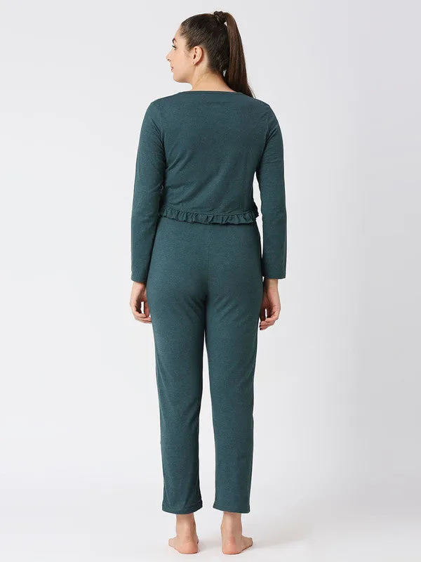 Women Green Melange Solid Regular Fit Nightwear Set - MOON DRIFT-006 BG-ML