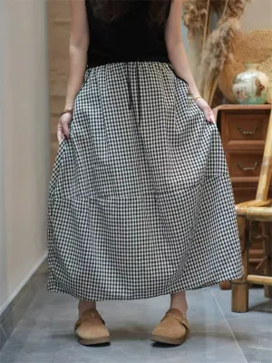 Women Summer Casual Plaid A-Shape Cotton Skirt