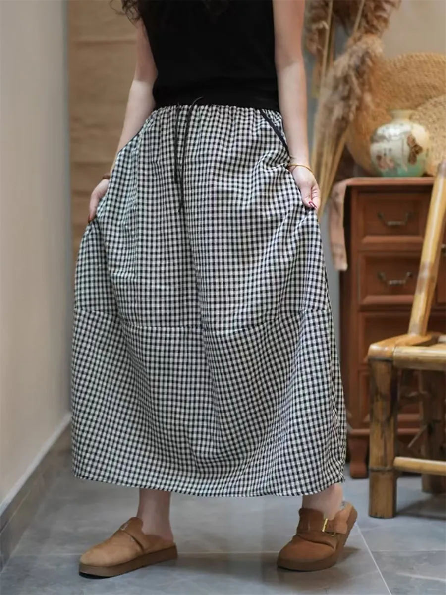 Women Summer Casual Plaid A-Shape Cotton Skirt