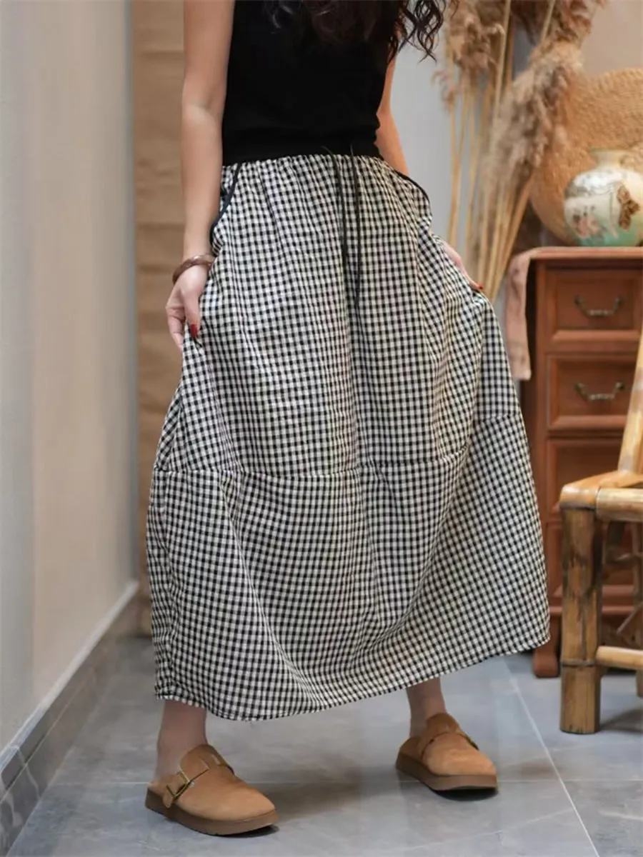 Women Summer Casual Plaid A-Shape Cotton Skirt