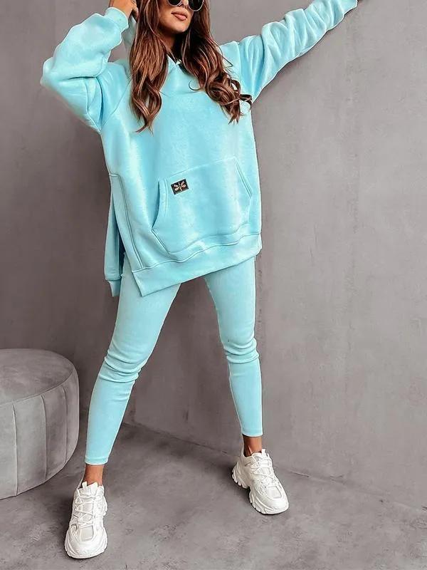 Women's Hooded Solid Color Sports Sweatshirt Two-piece Suit