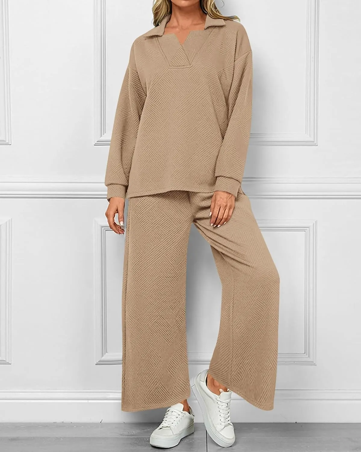 Women's Lapel V Neck Textured Lounge Sets (Buy 2 Free Shipping)