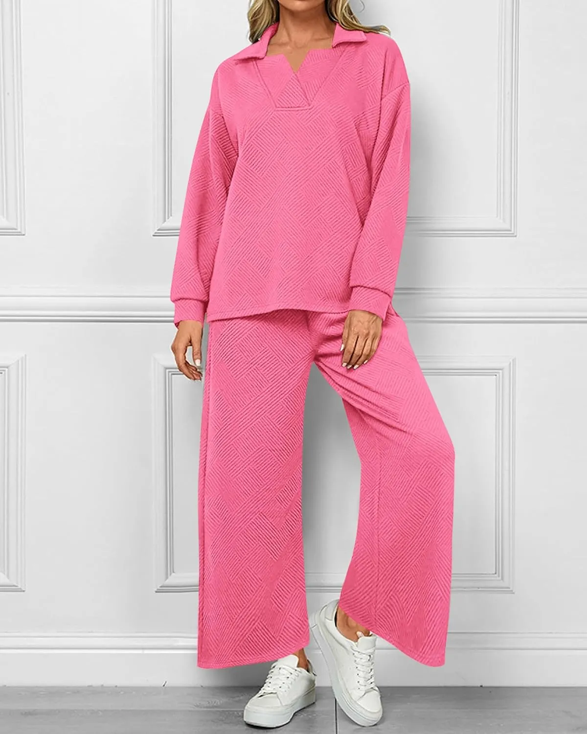 Women's Lapel V Neck Textured Lounge Sets (Buy 2 Free Shipping)