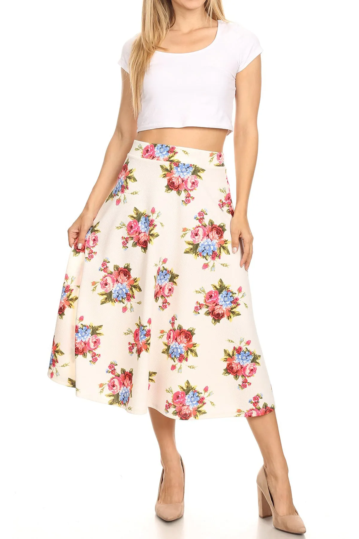 Women's Plus Size High Elastic Waist A-line Multi-Colored Printed Flared Midi Skirts