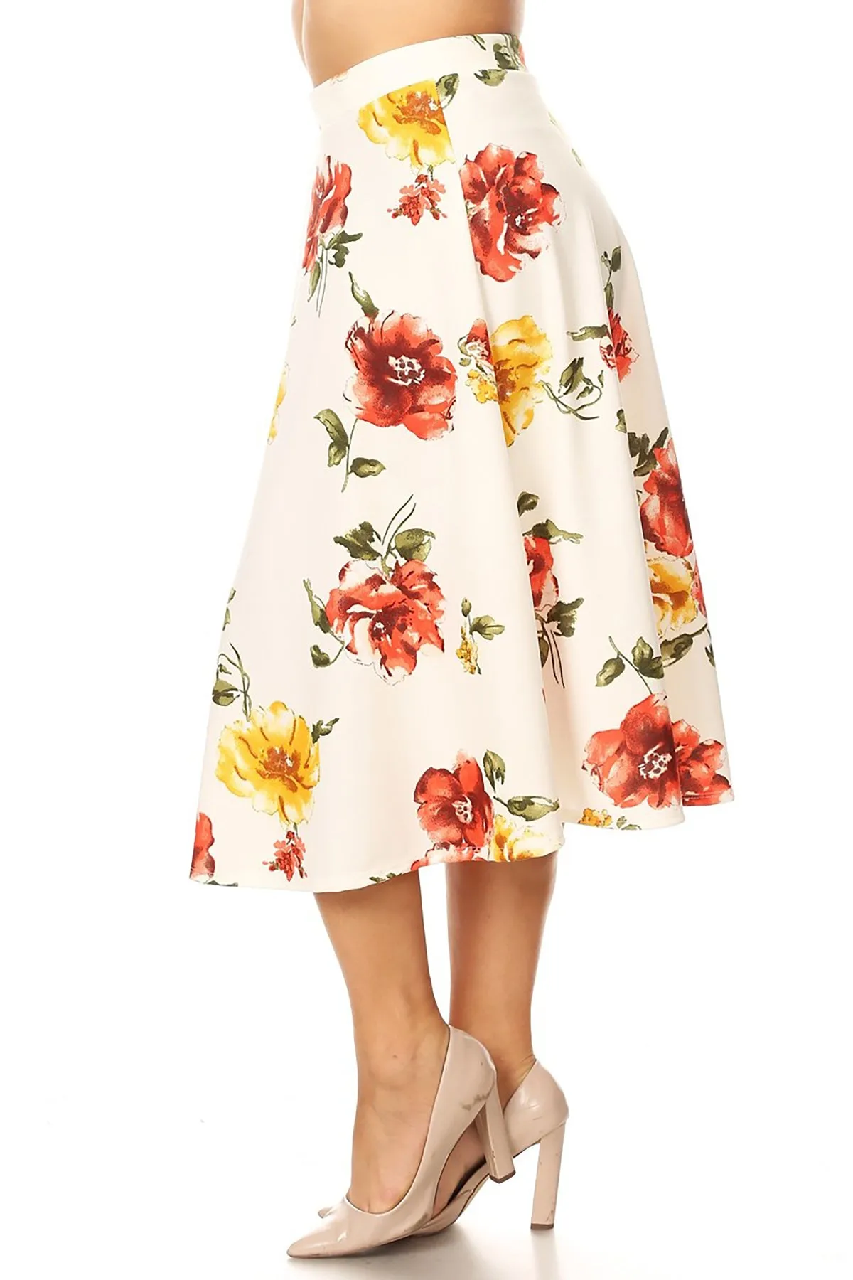 Women's Plus Size High Elastic Waist A-line Multi-Colored Printed Flared Midi Skirts