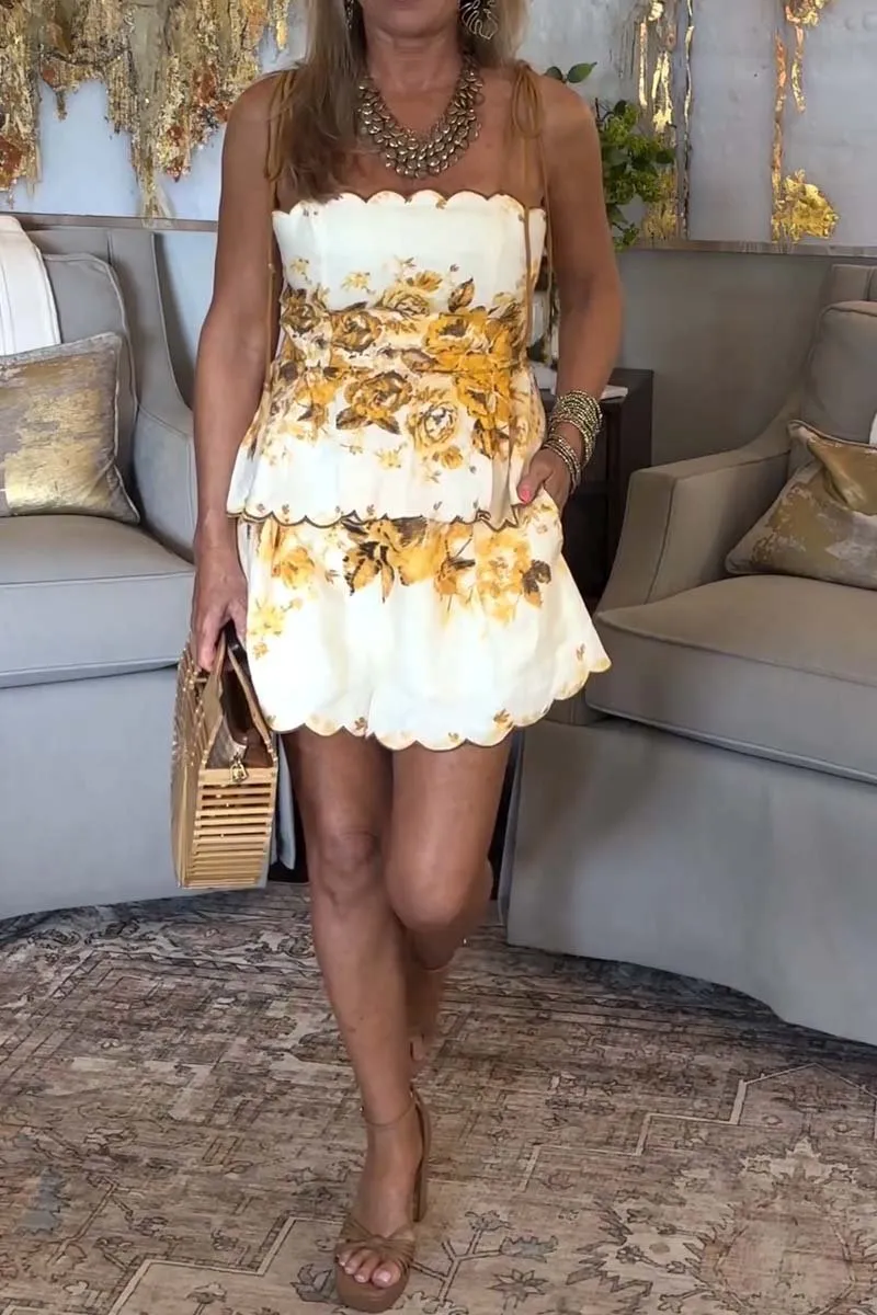 Women's spaghetti strap printed top and high waisted shorts two piece set
