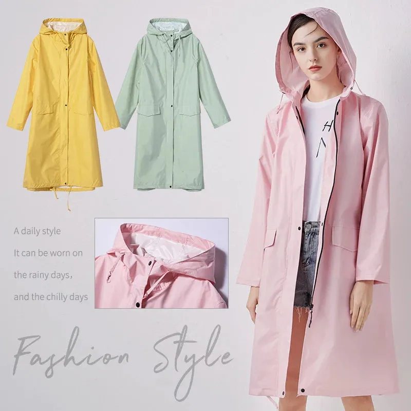 Women's Stylish Long Waterproof Raincoat with Hood for Outdoor Activities