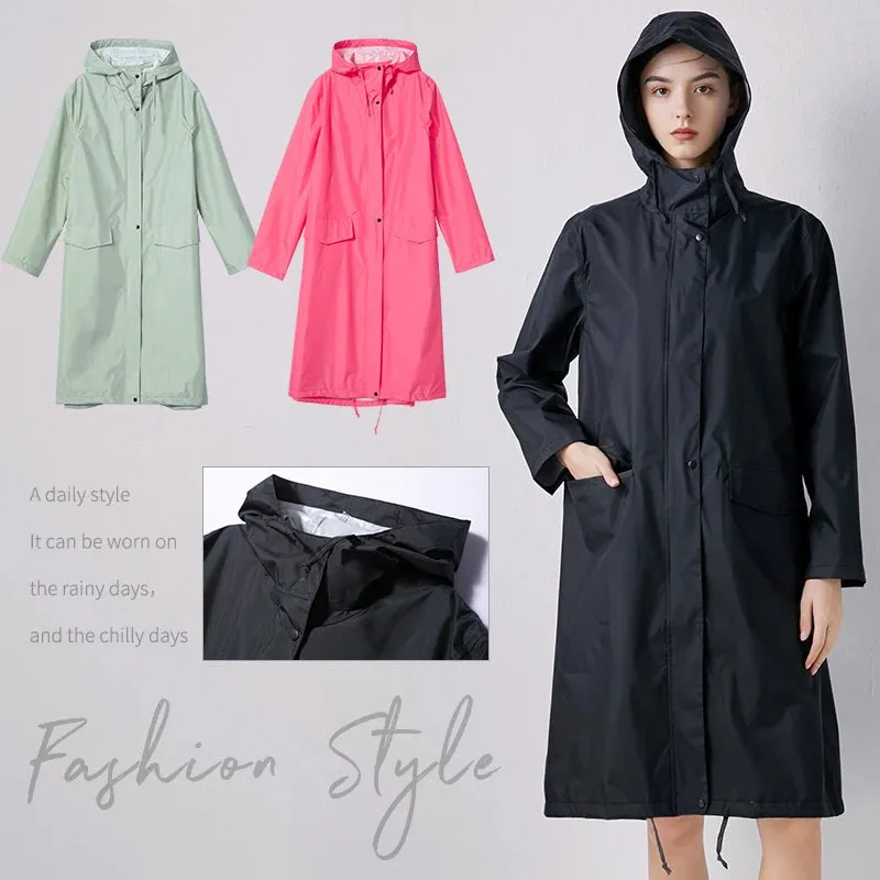 Women's Stylish Long Waterproof Raincoat with Hood for Outdoor Activities