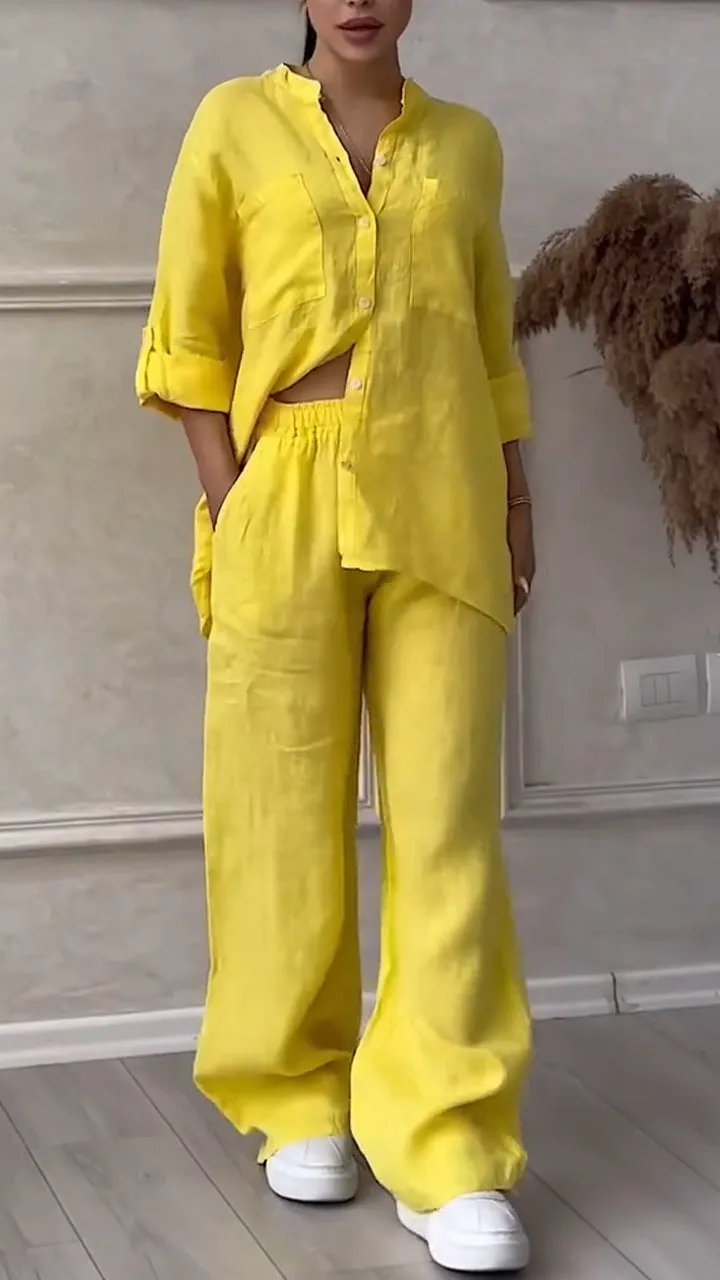 Women's V-neck Cotton and Linen Casual Suit