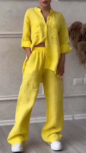 Women's V-neck Cotton and Linen Casual Suit