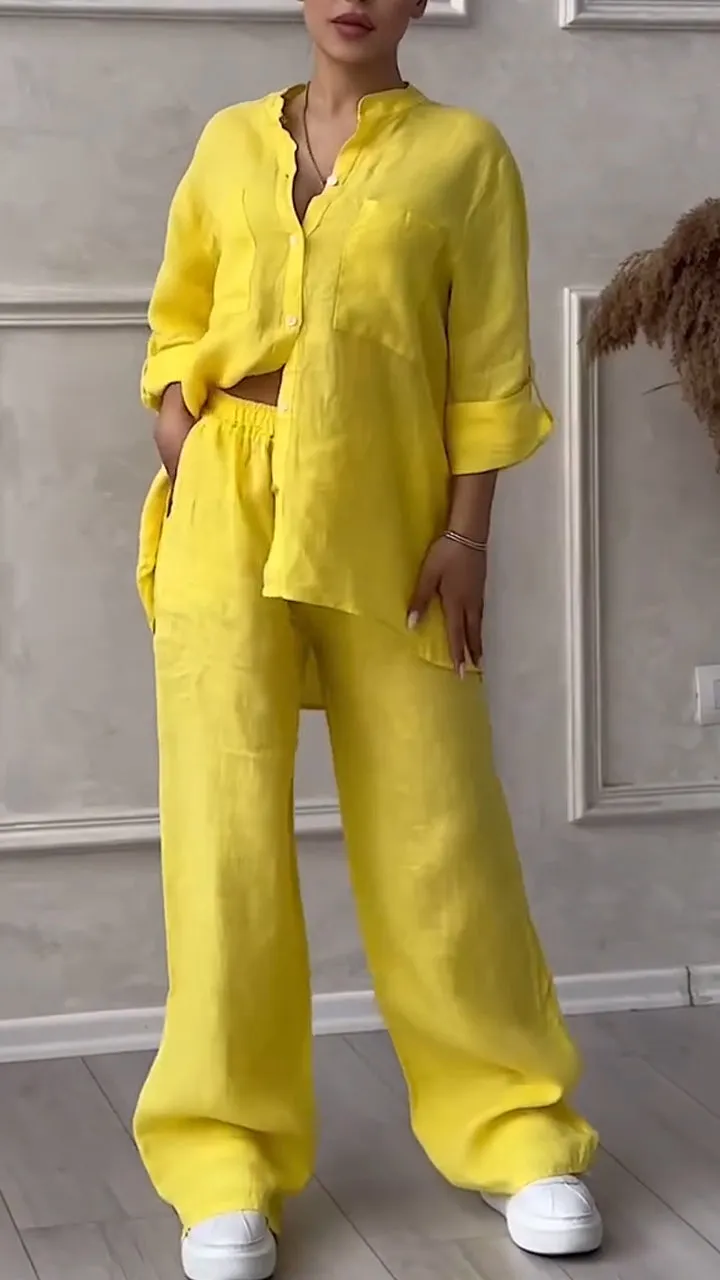 Women's V-neck Cotton and Linen Casual Suit