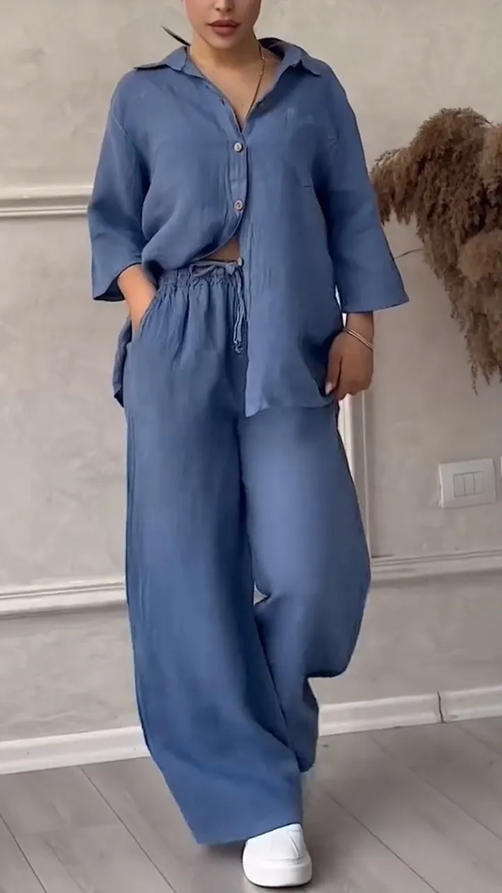 Women's V-neck Cotton and Linen Casual Suit