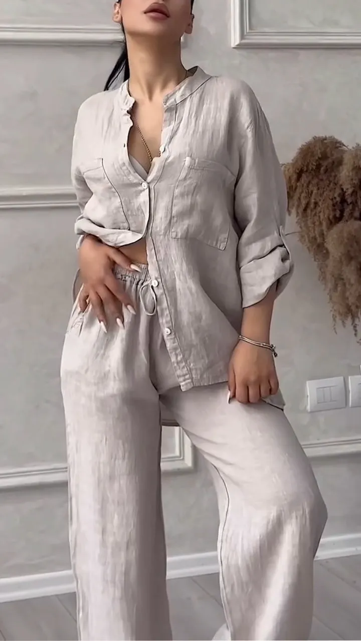 Women's V-neck Cotton and Linen Casual Suit
