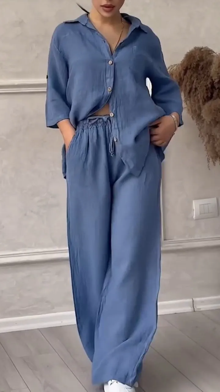 Women's V-neck Cotton and Linen Casual Suit
