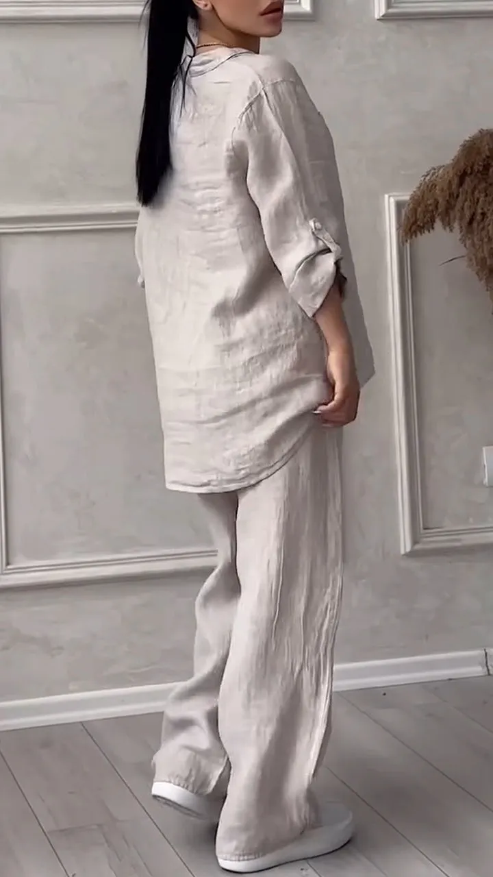 Women's V-neck Cotton and Linen Casual Suit