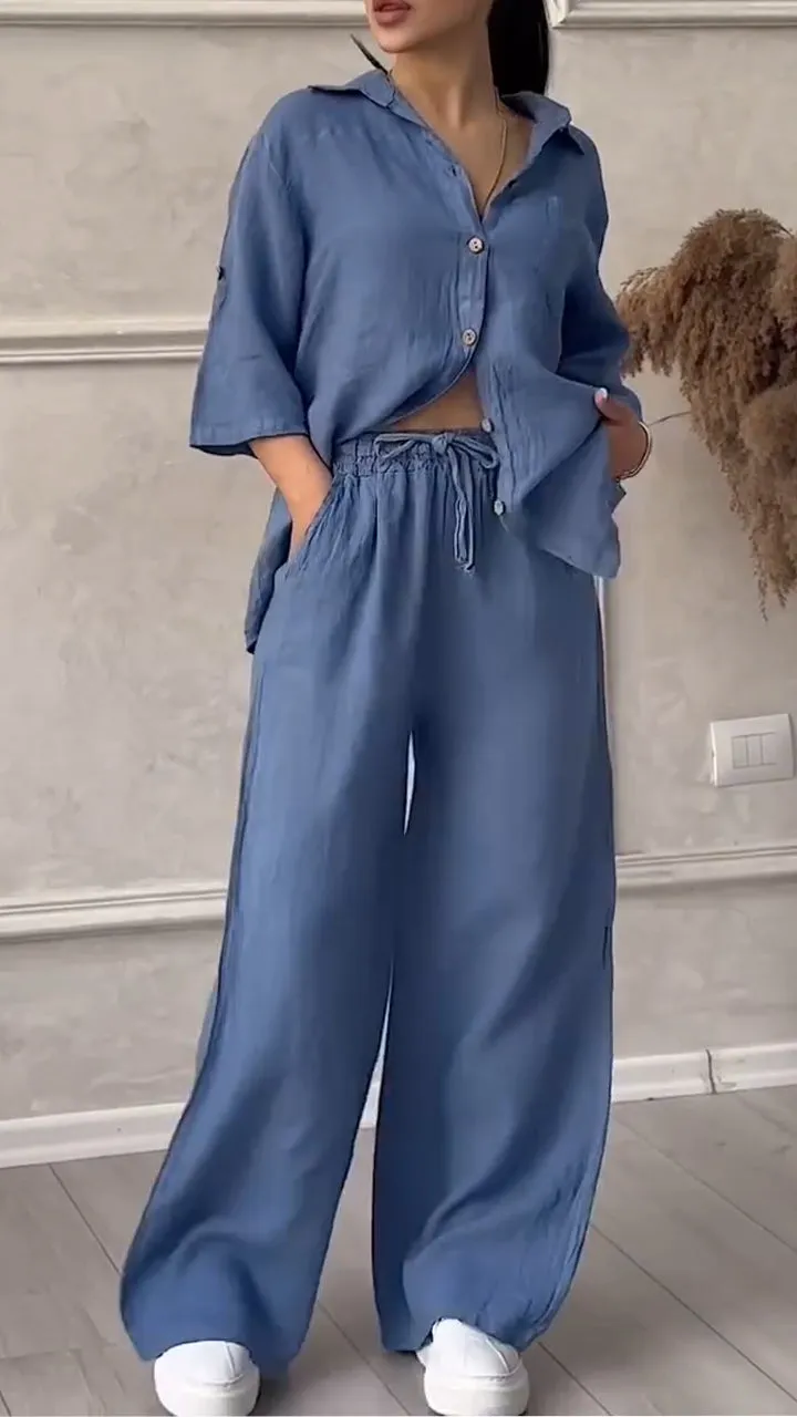 Women's V-neck Cotton and Linen Casual Suit