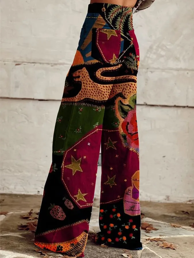 Women's Vintage Botanical Floral Wide Leg Pants