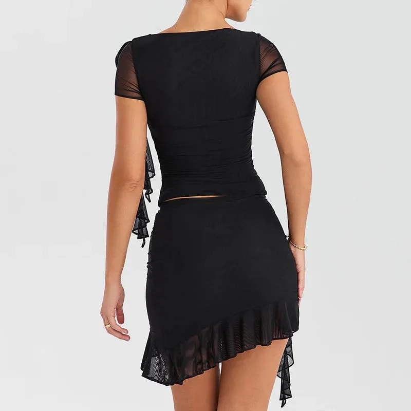 Y2K Mesh Ruffled Top & Mini Skirt Two Piece Set