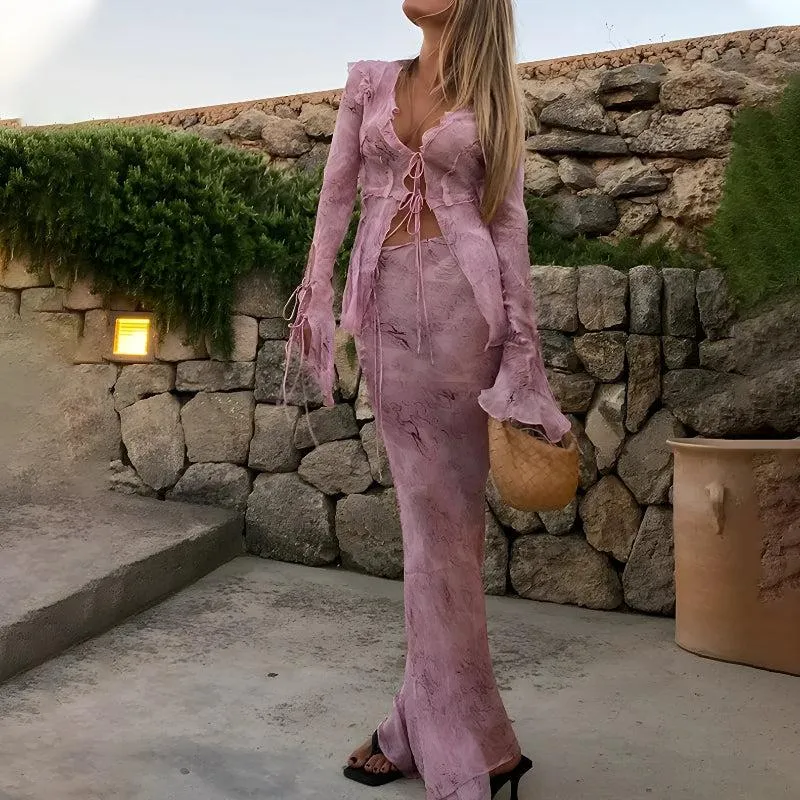 Y2K Snakeskin Blouse & Maxi Skirt Two Piece Set