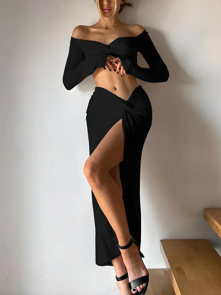 Y2K Twisted Crop Top & Split Midi Skirt Two Piece Set