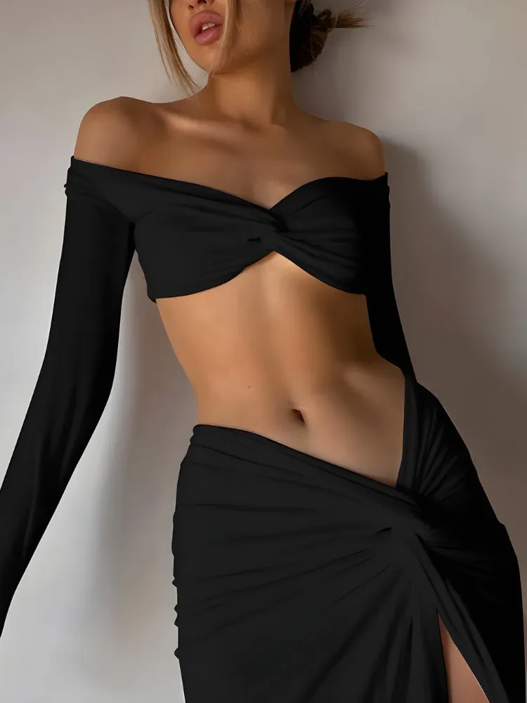 Y2K Twisted Crop Top & Split Midi Skirt Two Piece Set